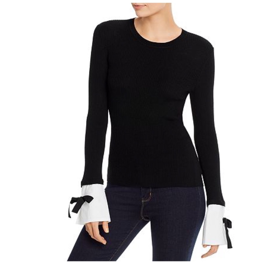 PAULE KA Ribbed Detachable-Cuff Wool Sweater in Noir Size Small NWT